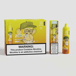 A colorful vape product box and pod featuring a cartoon monkey wearing glasses and a cap, labeled "20 Puffs Peach Ice" with warnings about nicotine content prominently displayed on both the box and the vape device.