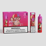 Pink packaging of a vaping product featuring a cartoon monkey wearing a colorful propeller hat, labeled "20,000 puffs" with strawberry watermelon flavor and a nicotine warning prominently displayed.