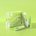 Emballage vert pour un produit de narguilé à chicha étiqueté " Double Apple " contenant 15 000 bouffées, comportant des dispositifs de vapotage individuels et un avertissement indiquant que la nicotine est un produit chimique addictif.