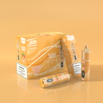 Une boîte de produits de vape étiquetée " 10 PCS SHISHA Hookah " avec des arômes indiqués comme " Double Melon Mint ", avec un design orange et une étiquette d'avertissement concernant la teneur en nicotine, à côté de deux appareils à chicha sur fond orange dégradé.