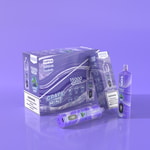 Emballage de narguilé à chicha Grape Mint comprenant 15 000 bouffées, une boîte de 10 pièces et des appareils de vape individuels affichés sur un fond violet.