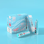 Emballage bleu pour un produit de narguilé à chicha étiqueté " Red Berry Slush " contenant 15 000 bouffées, comportant des dispositifs de vapotage individuels et un avertissement indiquant que la nicotine est un produit chimique addictif.