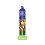 Un dispositivo de vapeo desechable con un diseño de mono con temática pirata y una etiqueta con el sabor de "Manzana agria".