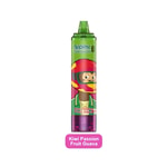Un vaporizador desechable VOPK Tornado verde con un mono de dibujos animados con un casco rojo y el sabor etiquetado como Kiwi Passion Fruit Guava.