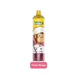 "Dispositivo de vapeo con un diseño de mono chef, etiquetado como 'Peach Mango'"."