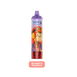 Un dispositivo de vapeo desechable con un diseño de mono de dibujos animados, etiquetado como "EVOPK Tornado" y sabor "Strawberry Raspberry".