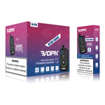 Envase para vaporizador desechable VOPK, que incluye bocanadas "Ultra 40000", sabores "Blue Razz Cherry" y "Strawberry Raspberry", con una etiqueta de advertencia que indica que la nicotina es una sustancia química adictiva.
