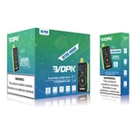 Empaque para el dispositivo de vapeo VOPK Ultra 40000 con 40,000 inhalaciones, sabores Blue Razz Gummy Bear y Strawberry Kiwi, con una etiqueta de advertencia de nicotina en un lugar destacado.