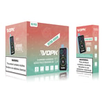 Diseño de empaque para el vaporizador desechable VOPK Ultra 40000, que presenta un fondo degradado colorido, imágenes del producto, opciones de sabor (arándano, frambuesa y mango, melocotón y sandía), texto "40000 inhalaciones" y una etiqueta de advertencia de nicotina.