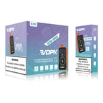 Embalaje para el producto de vapeo VOPK con bocanadas "Ultra 40000", sabores que incluyen mentol de arándano, fresa y mentol de arándano y frambuesa, con una etiqueta de advertencia de nicotina que dice "La nicotina es una sustancia química adictiva"."