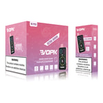 Embalaje para vaporizador desechable VOPK Ultra 40000 con sabores de uva, baya y pera, manzana y frambuesa, con un reclamo de "40,000 inhalaciones" y una etiqueta de advertencia de nicotina que dice: "La nicotina es una sustancia química adictiva"."