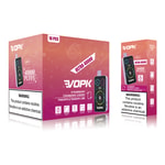 Diseño de empaque para el dispositivo de vapeo VOPK Ultra 40000, con sabores "Strawberry Cranberry Cherry" y "Pineapple Passion Lime", con íconos para características como 40,000 inhalaciones, funcionalidad 2 en 1 y bloqueo para niños, junto con una etiqueta de advertencia de nicotina.