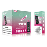 Diseño de empaque para vaporizador desechable VOPK Ultra 40000 puffs con sabores Fresa Sandía y Kiwi Maracuyá Guayaba, con advertencias del producto sobre la adicción a la nicotina.
