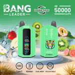 Bang Leader vape device with a digital display and tiger logo, surrounded by splashing fruit including kiwi, apple, cherry, guava, and water droplets, highlighting features like double flavor, 50,000 puffs, Type-C charging, 650mAh battery, dual mesh, and adjustable settings.
