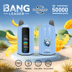 Two blue Bang Leader vape devices with digital displays and a tiger illustration, featuring double flavor, up to 50,000 puffs, and icons for Type-C charging, 650mAh battery, dual mesh, and adjustable settings, with bananas and mangoes in the background.
