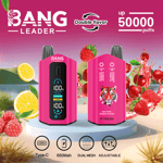 Promotional image showing two pink Bang Leader vape devices with digital screens, surrounded by illustrated lemons, raspberries, and strawberries, emphasizing double flavor, up to 50,000 puffs, and features like Type-C charging, 650mAh battery, dual mesh, and adjustable settings.