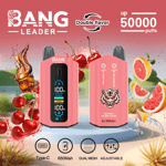 Promotional image for Bang Leader disposable vape featuring two pink devices, cherry and grapefruit visuals, product specifications, and a tiger logo, highlighting double flavor and up to 50,000 puffs.