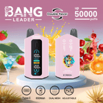 Advertisement for BANG Leader disposable vape devices in pink, featuring dual flavors, up to 50,000 puffs, Type-C charging, 650mAh battery, dual mesh, adjustable settings, and surrounded by fruit and tropical drink graphics.