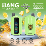 Promotional image for BANG LEADER disposable vape featuring two green devices with digital displays and a tiger logo, highlighting double flavor, up to 50,000 puffs, Type-C charging, 650mAh battery, dual mesh, and adjustable settings, set against a background with pineapple, lemon, and fruit slices.