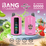 Colorful advertisement for BANG Leader vape devices in pink, featuring double flavor, up to 50,000 puffs, kiwi and strawberry imagery, and icons showing Type-C charging, 650mAh battery, dual mesh, and adjustable settings.