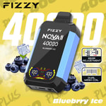 Promotional image for Fizzy NQVA Plus blueberry ice disposable vape, featuring the product, blueberries, ice cubes, and highlights for 4000 puffs, gear adjustment, and dual mesh coil.
