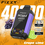 Promotional image for Fizzy NQVA Plus vape device in grape lime flavor, featuring a purple and black device with an LED screen, surrounded by grape and lime graphics, and text highlighting 4000 puffs, gear adjustment, and dual mesh coil features.