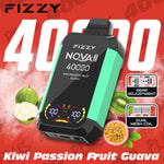 FIZZY NQVA Plus vape device in mint and black with a digital display, featuring kiwi, passion fruit, and guava flavors, and highlighting gear adjustment, dual mesh coil, and 400 puffs on a red background.