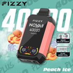 Promotional image for FIZZY NQVA Plus Peach Ice disposable vape with 40000 puffs, gear adjustment, dual mesh coil, and illustrated peach slices and ice cubes.