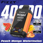 FIZZY NQVA Plus vape device in orange and black labeled 'Peach Mango Watermelon,' with images of watermelon, mango, and peach, highlighting 400 puffs, gear adjustment, and dual mesh coil features.