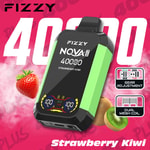 Advertisement showing a Fizzy NQVA Plus vape device in green and black, with images of a strawberry and a sliced kiwi, highlighting features like gear adjustment, dual mesh coil, and 40000 puffs, against a pink background with smoke effects.