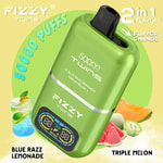 Promotional image for Fizzy Twins disposable vape showing a green device labeled with 50000 puffs, 2 in 1 flavors, Blue Razz Lemonade and Triple Melon, flavor change feature, and images of a blue drink with mint and assorted melons.