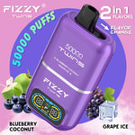 Purple Fizzy Twins disposable vape device with 50,000 puffs, blue and green fruits representing blueberry coconut and grape ice flavors, and labeled features like '2 in 1 flavors' and 'flavor change' on a pink and blue background.