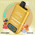 FIZZY Twins vape device in gold with digital display, labeled for 50,000 puffs and two switchable flavors—mixed berry and peach ice, shown with fruit and ice illustrations.