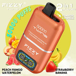 Fizzy Twins vape device with peach mango, watermelon, strawberry, and banana flavors, advertising 50,000 puffs and a flavor change feature.