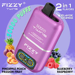 Promotional image for FIZZY Twins vape device showing a purple disposable vape with two flavors, Pineapple Peach Passion Fruit and Blueberry Raspberry, surrounded by corresponding fruit illustrations and text highlighting features like 50000 puffs and flavor change capability.