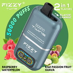Promotional image for Fizzy Twins vape device with 50,000 puffs, featuring dual flavors of raspberry watermelon and kiwi passion fruit guava, shown with digital display and fruit illustrations.