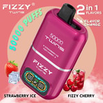 Promotional image for Fizzy Twins 2-in-1 disposable vape, featuring a pink device offering 50,000 puffs with flavor options of strawberry ice and fizzy cherry, illustrated by strawberries, ice cubes, cherries, and a cherry beverage.