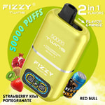 Promotional image for a FIZZY Twins vape device with 50,000 puffs, featuring two selectable flavors: strawberry kiwi pomegranate and red bull, with images of fruits and an energy drink can around the yellow device.