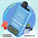 Fizzy Twins disposable vape device featuring 50,000 puffs and two switchable flavors, strawberry watermelon and blueberry ice, with a digital display and blue casing.