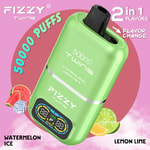 Green Fizzy Twins vape device with digital display, promoting 50,000 puffs and 2-in-1 flavors of watermelon ice and lemon lime, on a pink background with fruit and ice illustrations.