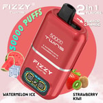 Fizzy Twins vape device in red with digital display, featuring 50,000 puffs and 2-in-1 flavor options (Watermelon Ice and Strawberry Kiwi), surrounded by images of fruit and ice cubes.