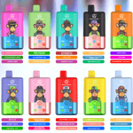 Ten colorful disposable vape devices, each featuring a cartoon monkey illustration and labeled with different e-liquid flavors and flavor combinations, arranged in two rows against a blurred background.