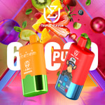 Two colorful vape devices with branding and cartoon graphics, fruit slices in the background, and bold text promoting 60,000 puffs and 'Triple Flavor'.