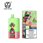 Triple Flavor vape device and packaging featuring a cartoon monkey wearing sunglasses, listing three flavors (blueberry raspberry, strawberry kiwi, lemon lime) and a nicotine addiction warning.