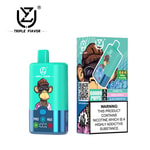 Triple Flavour vape device and packaging featuring a cartoon monkey with a chain, turquoise and blue color scheme, flavor and puff count details, and a nicotine warning label.