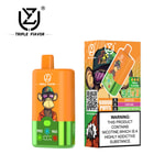 Triple Flavour disposable vape device with a cartoon monkey wearing sunglasses on an orange and green body, shown next to its packaging which highlights 60,000 puffs, three flavors (grape ice, love 666, strawberry red bull), and a nicotine addiction warning.