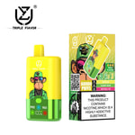 Yellow and green Triple Flavor vape device and packaging featuring a cartoon monkey wearing sunglasses and a hat, advertising 60,000 puffs and three flavors with a nicotine warning label.