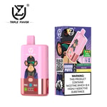 Pink Triple Flavor disposable vape with cartoon ape graphic and matching packaging, featuring three flavors and a nicotine warning label.