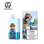 Triple Flavour disposable vape device and packaging featuring a cartoon monkey in sunglasses, highlighting three flavor options (summer peach ice, strawberry ice, blue razz ice), a 60,000 puffs label, and a nicotine addiction warning.