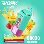 Colorful VOPK TRIPLE disposable vape device with a stylized lion wearing sunglasses, surrounded by strawberries, banana, mango, and pineapple, featuring flavor options and the text '3 in 1', '60000 puffs'.